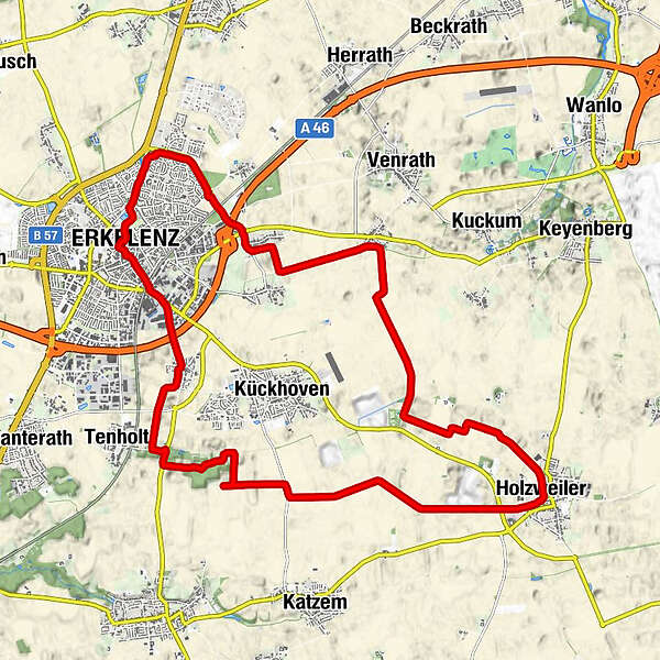 Im Projekt LL2Rom Karte zur Wanderung von Erkelenz nach Holzweiler und wieder zurück. Das ist die Vorberietungswanderung 3 der Wanderung von Erkelenz nach Rom. Mit der Wanderung sammelt Lüngen Spenden für Dogscan-Testpakete - Lungenkrebsprävention mit speziell ausgebildeten Hunden.