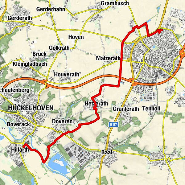 Im Projekt LL2Rom Karte zur Wanderung von Erkelenz nach Hilfarth. Das ist die Vorberietungswanderung 4 der Wanderung von Erkelenz nach Rom. Mit der Wanderung sammelt Lüngen Spenden für Dogscan-Testpakete - Lungenkrebsprävention mit speziell ausgebildeten Hunden.