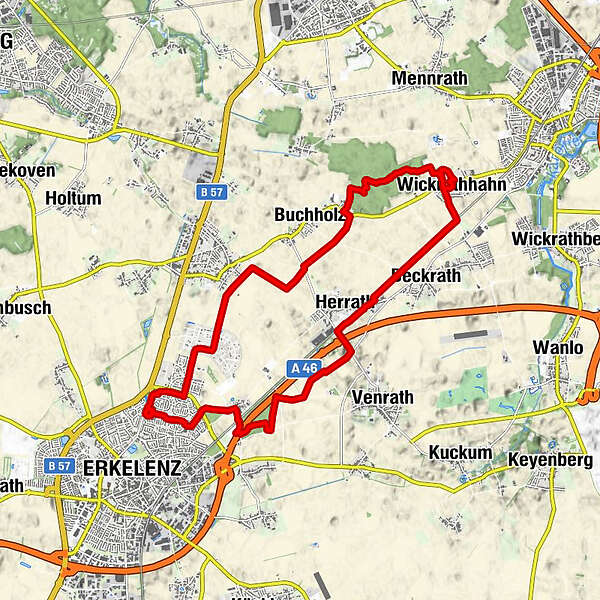 Im Projekt LL2Rom Karte zur Wanderung con Erkelenz nach Wickrathhahn und wieder zurück. Das ist die Vorberietungswanderung 1 der Wanderung von Erkelenz nach Rom. Mit der Wanderung sammelt Lüngen Spenden für Dogscan-Testpakete - Lungenkrebsprävention mit speziell ausgebildeten Hunden.