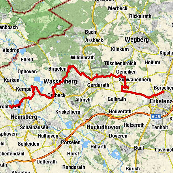 Im Projekt LL2Rom Karte zur Wanderung von Erkelenz nach Kirschhoven. Das ist die Vorberietungswanderung 7 der Wanderung von Erkelenz nach Rom. Mit der Wanderung sammelt Lüngen Spenden für Dogscan-Testpakete - Lungenkrebsprävention mit speziell ausgebildeten Hunden.