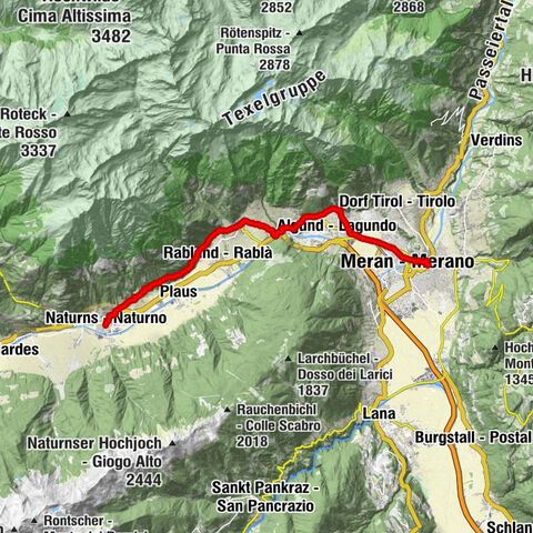 Im Projekt LL2Rom Karte zur Wanderung von Naturs nach Meran. Das ist die Etappe 44 der Wanderung von Erkelenz nach Rom. Mit der Wanderung sammelt Lüngen Spenden für Dogscan-Testpakete - Lungenkrebsprävention mit speziell ausgebildeten Hunden.